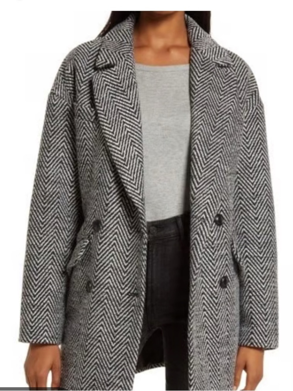LOFT Black & White Herringbone Double-Breasted Blazer Coat NWOT